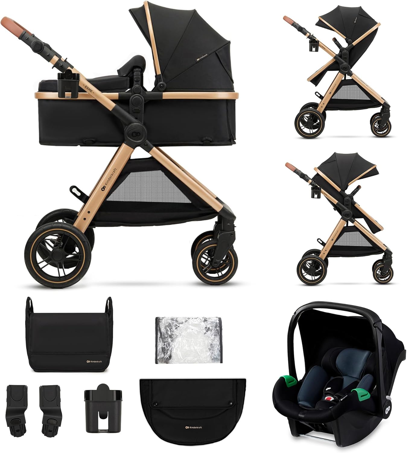 Pack Trio Kinderkraft ESME Petitsmart – Poussette Bébé 3-en-1 avec Siège