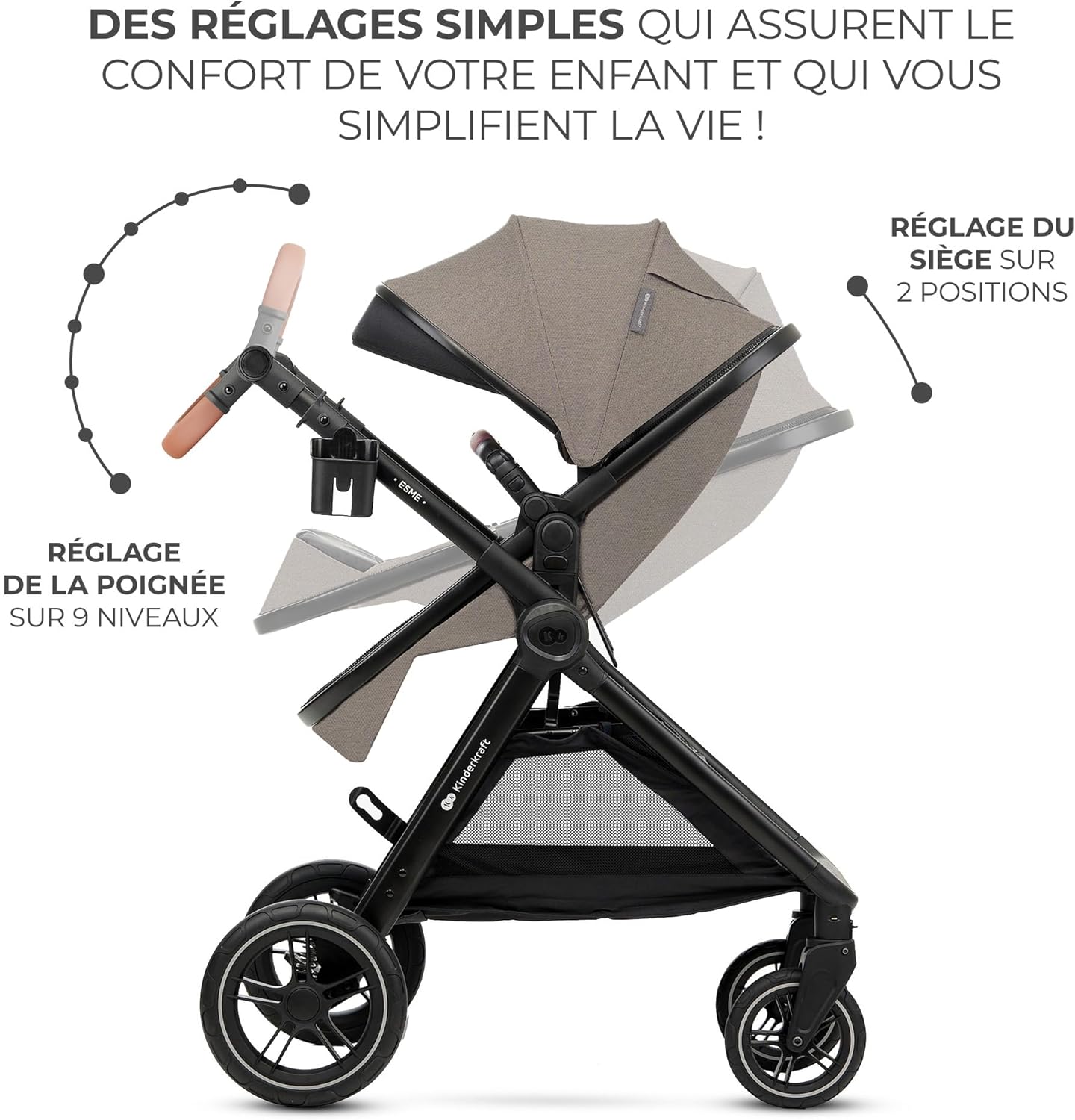 Pack Trio Kinderkraft ESME Petitsmart – Poussette Bébé 3-en-1 avec Siège