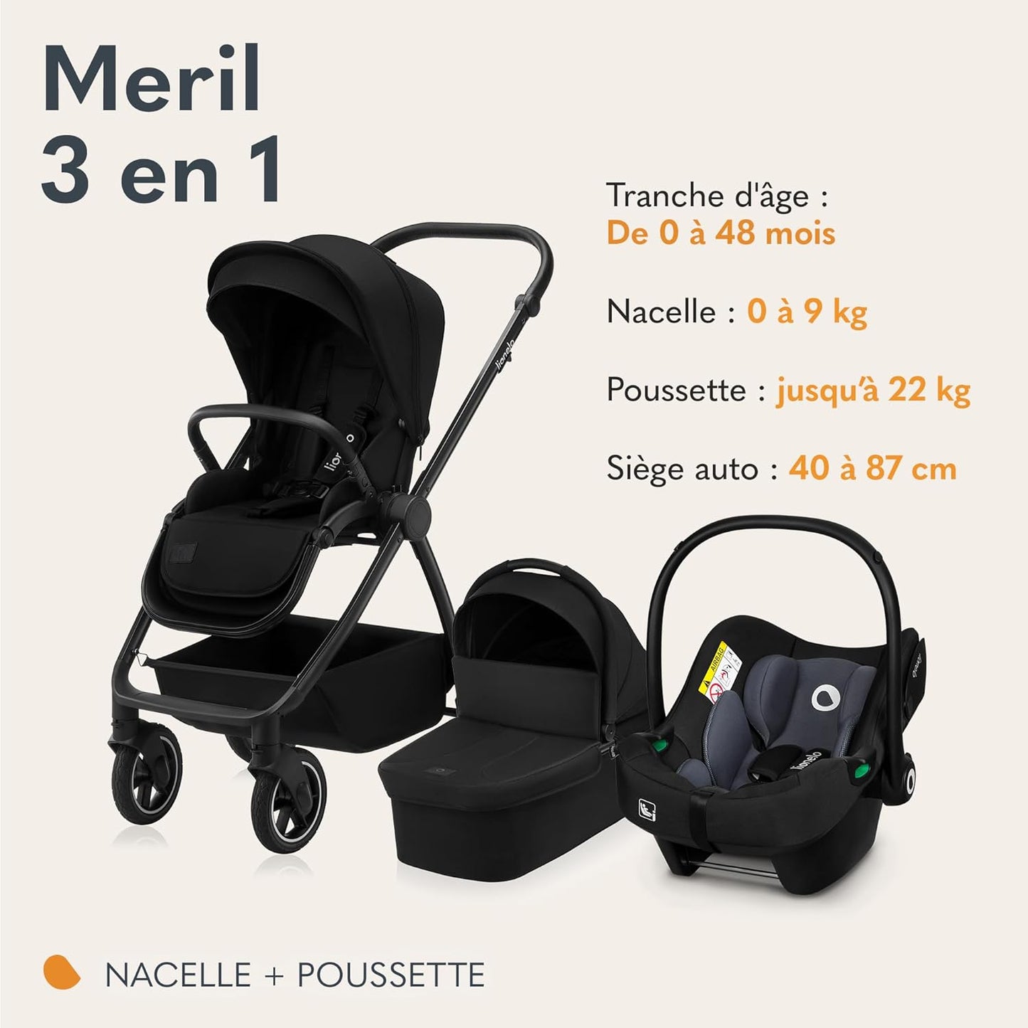 Pack Trio MERIL 3-en-1 Petitsmart – Poussette Tout-Terrain avec Nacelle