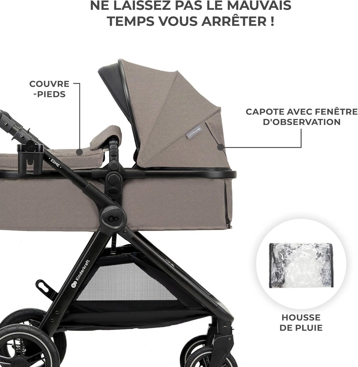 Pack Trio Kinderkraft ESME Petitsmart – Poussette Bébé 3-en-1 avec Siège